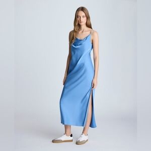 MWT KENNETH COLE Blue Satin Cowlneck Tank Spaghetti Strap Slip Formal Dress Sz M